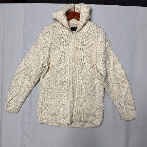Vintage 100% Wool Cream Cable Knit Chunky Hooded Grandpa Cardigan Sweater XL - Picture 1 of 9